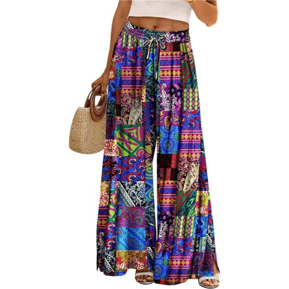 Women Summer Boho Palazzo Pants High Waist Wide Leg Floral‎ Casual Cotton